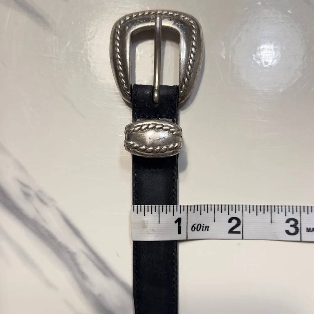 BRIGHTON | Silver Plated Links Black Leather Vintage Belt Made In USA 1995 90’s